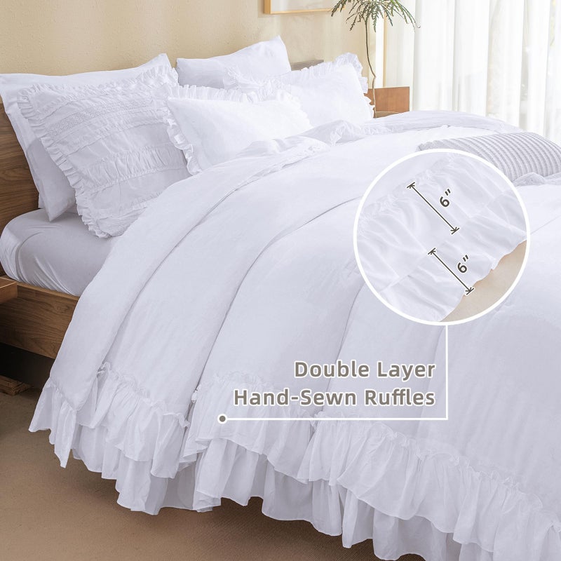 QSH White Farmhouse Ruffled Comforter Set King Size Shabby Boho Chic White Bedding Comforter King Lightweight Fluffy Ultra Soft Microfiber Inner Fill Bedding Set 3 Pieces - Image 4